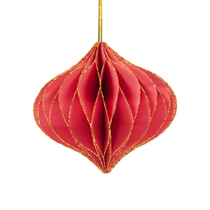 Mini red paper honeycomb spindle ornament with gold glitter for Christmas tree decor