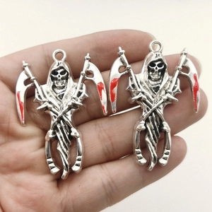 Retro silver skull reaper pendant with bloody scythe for DIY jewelry and Halloween decor
