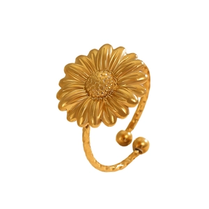 Detailed view of adjustable golden sunflower ring with textured petals and center relief