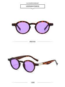 Detail view of round leopard frames with purple lenses from front and side angles