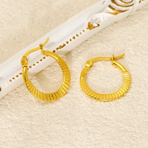 Detailed view of 18k gold plated hoop earrings with elegant pleated fan texture and latch back