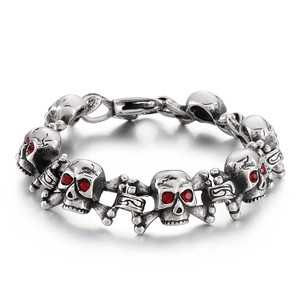 Hip hop men's stainless steel skull bracelet with red crystal eyes on white background