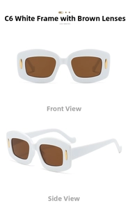White rectangle sunglasses with brown lenses and gold metal accents on wide frame