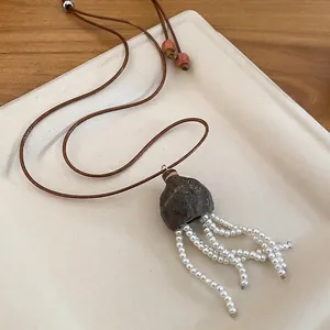 New Chinese style pearl tassel necklace with brown clay pendant and leather cord