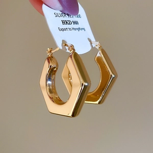 Close-up of 18k gold plated 925 silver hexagonal hoop earrings held in hand