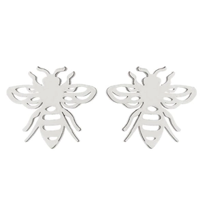 Pendientes de abeja de acero inoxidable con alas caladas sobre un fondo blanco limpio