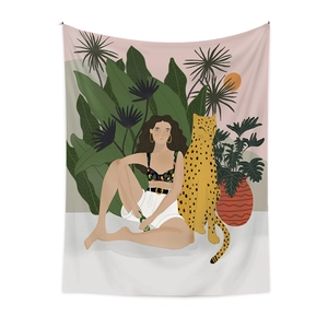 Bohemian tapestry featuring a woman and leopard in a tropical rainforest setting