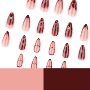 French wine red press on nails with amber texture and almond shape floral designs