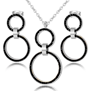 Silver stainless steel jewelry set with Roman numeral hollow circles and black glitter rings
