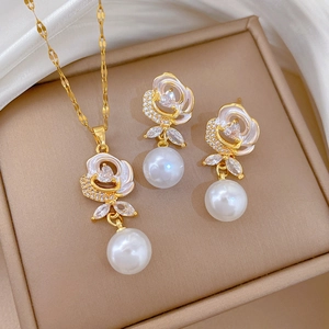 Rose Flower Necklace And Earrings For Women Palace Style Gold Plated Stainless Steel Cubic Zirconia Artificial Pearl Elegant