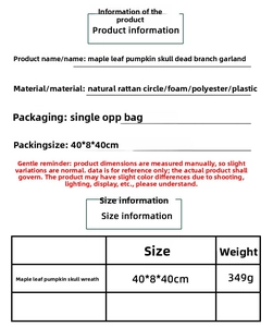 Detailed dimensions of the maple leaf pumpkin skeleton wreath with 40cm rattan base