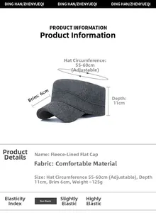 Detail view showing dark grey wool flat cap dimensions and warm fleece lining features