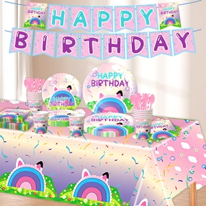 Gabby's Dollhouse themed birthday party set with banners and tableware in pink and blue