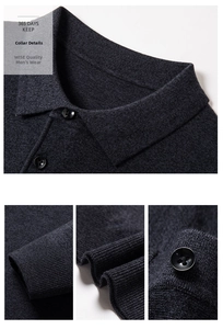 Close-up of dark grey knitted polo shirt collar with button detail and ribbed cuff texture