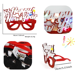 Red LED New Year glasses with Happy New Year text and festive colorful pompoms