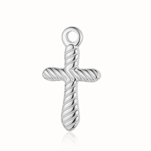Detailed close-up of a silver vintage cross pendant with rope texture and metal ring