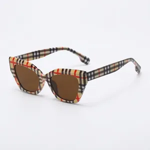 Retro cat eye sunglasses with beige check pattern frame and brown lenses for women