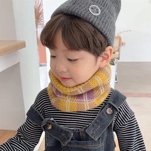 Toddler warm knit neck warmer with yellow and purple plaid pattern for autumn and winter