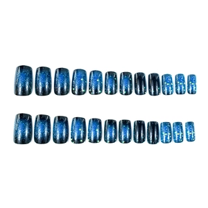 24pcs square press-on nails featuring blue galaxy gradient and shimmering starry glitters