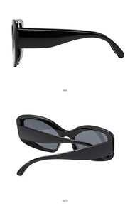 Detailed side and back views of elegant black cat eye sunglasses with thick glossy frames