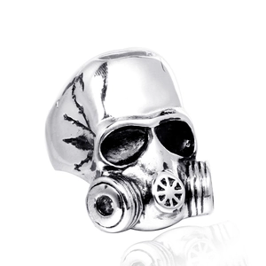Retro punk skull gas mask ring in silver stainless steel with vintage blackened finish