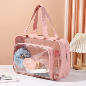 Pink waterproof dry wet separation travel wash bag with clear PVC and mesh panels