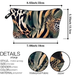 Detailed view of waterproof leopard print makeup bag dimensions and fabric texture