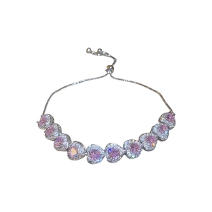 Pink heart crystal bracelet with sparkling borders and adjustable silver chain