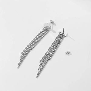 Modern silver stainless steel long tassel drop earrings with sleek box chain design