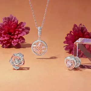 925 silver tree of life and rose gold flower charm set with sparkling zircon stones