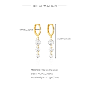Detailed dimensions of gold 925 sterling silver tassel earrings with AAAAA zirconia