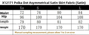 Maattabel voor satijnen stippenrok met taille- en heupomtrek in centimeters