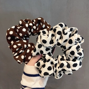 Polka dot cotton linen scrunchies in brown and beige colors for women hair styling