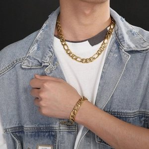 Herren Hip-Hop Gold Vakuum beschichtete 3:1 NK Titanstahl Kette Halskette und Armband Set