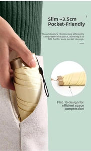Slim folding sun umbrella in beige showing a portable 3.5cm ultra-thin design in a pocket