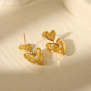 18K gold plated stainless steel double heart stud earrings with white pearl inlay