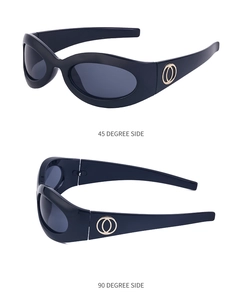 Detail view showing 45 and 90 degree side angles of Y2K cycling sunglasses with gold logo