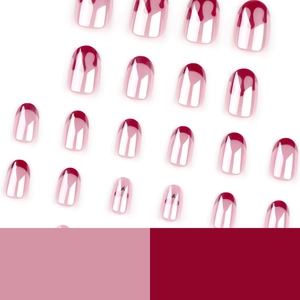 Glossy cherry red press-on nails with French tips and elegant fluid drip art design