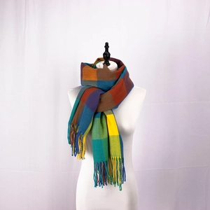 Detailed view of British style checkered scarf featuring colorful tassels and woven texture