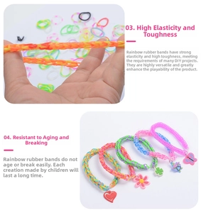 Detail showing elastic DIY rubber bands and finished handmade bracelets with cute charms