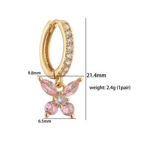 Gold plated butterfly hoop earrings with pink marquise zircon stones and white crystal inlay