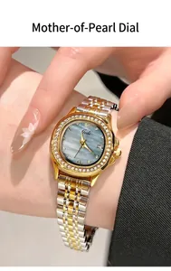 Detail of luxury women's watch with shimmering mother-of-pearl dial and diamond bezel