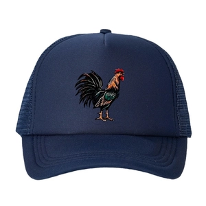 Navy blue trucker hat with breathable mesh and colorful rooster embroidery on the front