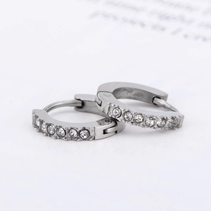Hip hop style silver stainless steel hoop earrings with sparkling cubic zirconia pavé