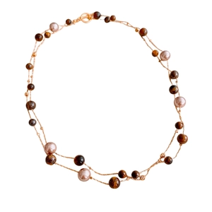 French vintage tiger eye stone and pink pearl beaded necklace with metallic clasp