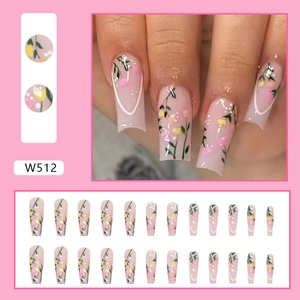 Detail view of W512 long coffin press-on nails with hand-painted floral art and 24pc set