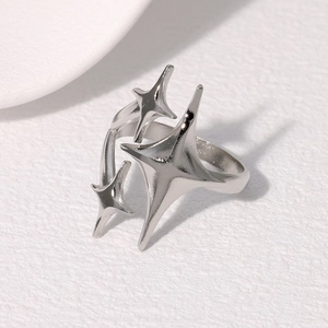 Macro shot of polished silver star ring with triple four-pointed star layered design