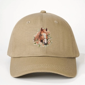 Khaki cotton baseball cap featuring floral horse embroidery and adjustable strap