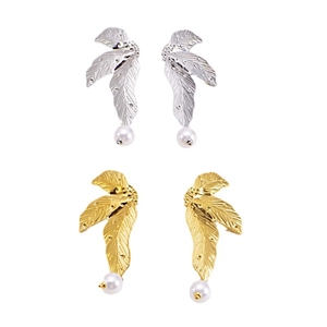Irregular leaf earrings with white pearls in gold and silver finish on white background