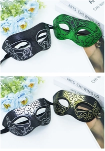 Detail of masquerade half masks with glitter painting and elastic straps in multiple colors